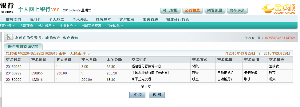 9月29日惠州鵬達(dá)白鐵匯款230元至農(nóng)行卡